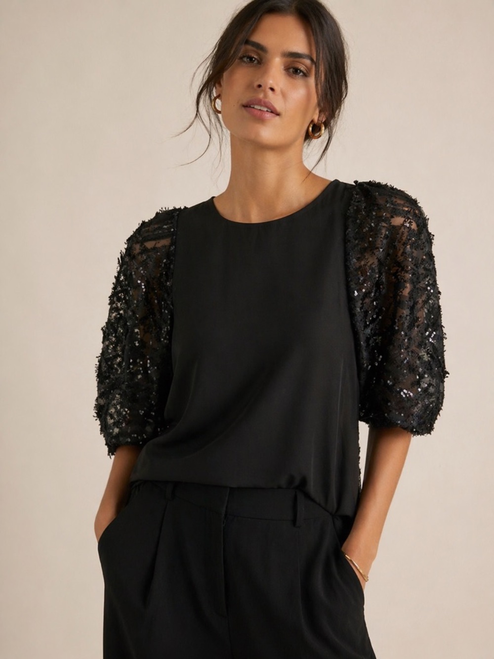 ANTHROPOLOGIE Black Sequin Lace Puff Sleeve Blouse | Embellished Sleeves XS Top
